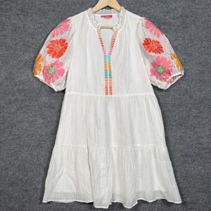 THML Sz Small Shift Dress White Red Boho Puff Sleeve Embroidered Ruffled Summer